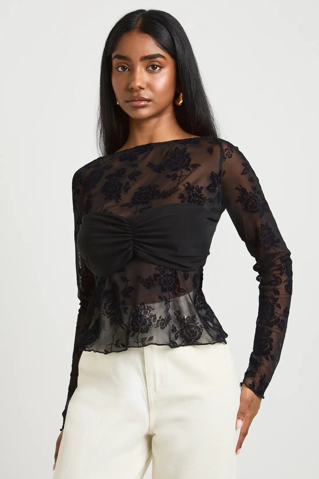 boohoo Floral Flocked Mesh Twist Front Crop Top