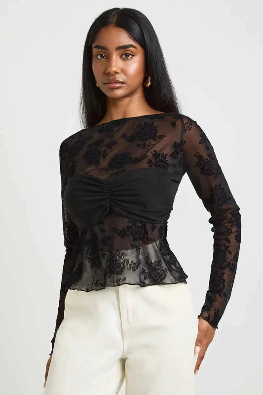 boohoo Floral Flocked Mesh Twist Front Crop Top
