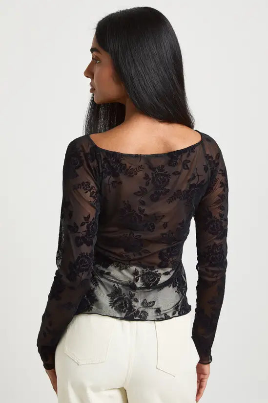 boohoo Floral Flocked Mesh Twist Front Crop Top