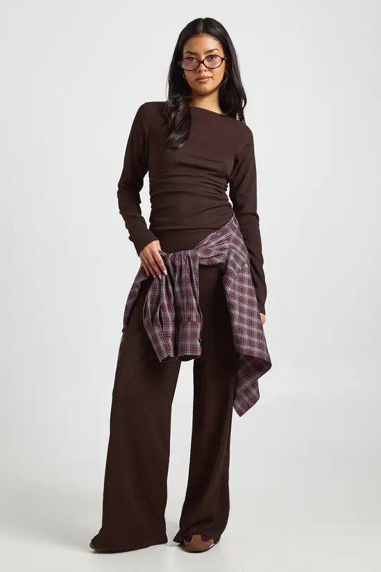 boohoo Crinkle Textured Ruched Side Long Sleeve Trouser Co- Ord SET