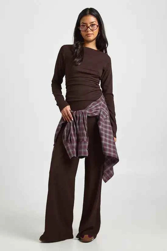 boohoo Crinkle Textured Ruched Side Long Sleeve Trouser Co- Ord SET