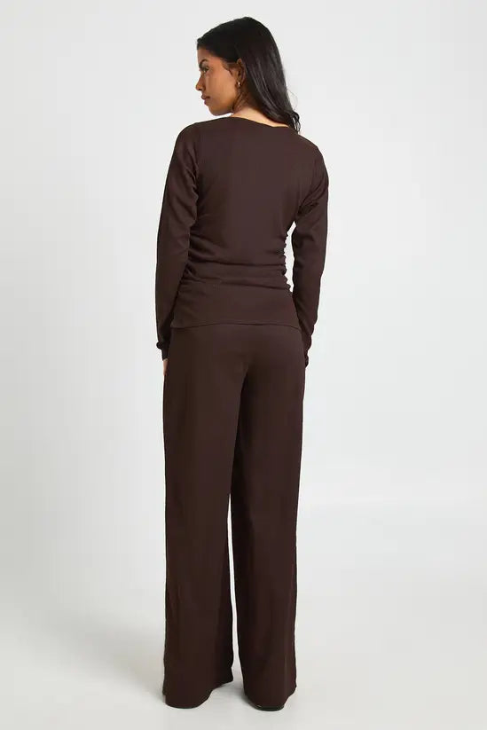 boohoo Crinkle Textured Ruched Side Long Sleeve Trouser Co- Ord SET