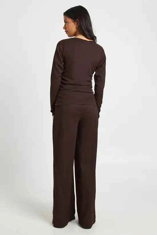 boohoo Crinkle Textured Ruched Side Long Sleeve Trouser Co- Ord SET