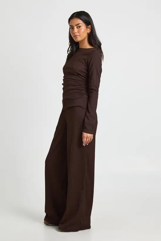 boohoo Crinkle Textured Ruched Side Long Sleeve Trouser Co- Ord SET