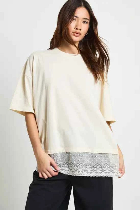boohoo Oversized T-shirt with Lace Hem Trim