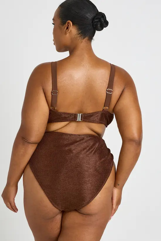 boohoo Plus Metallic Crinkle Knot Bikini Top & High Waist Bottom