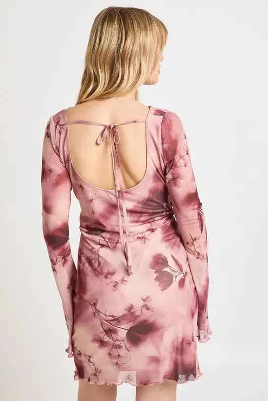 boohoo Tall Floral Mesh Flared Sleeve Mini Dress