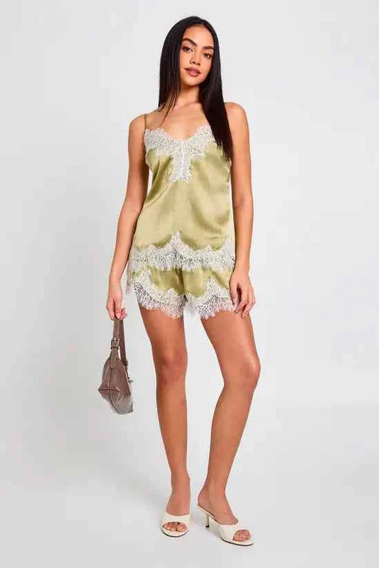 boohoo Hammered Satin Lace Trim Cami Top