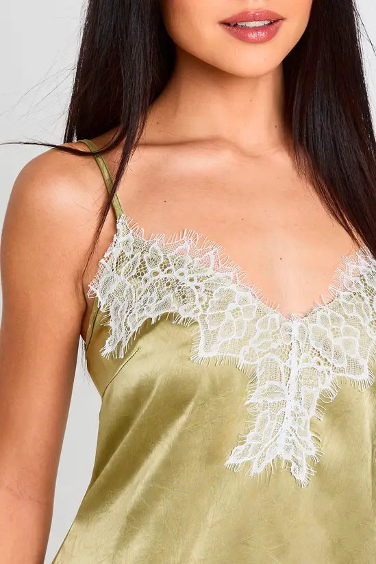 boohoo Hammered Satin Lace Trim Cami Top