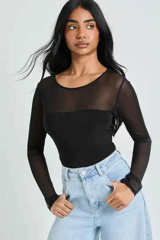 boohoo Mesh Panel Front Long Sleeve Bodysuit