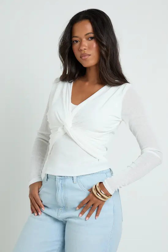 boohoo Sheer Textured Twist Front Long Sleeve Top
