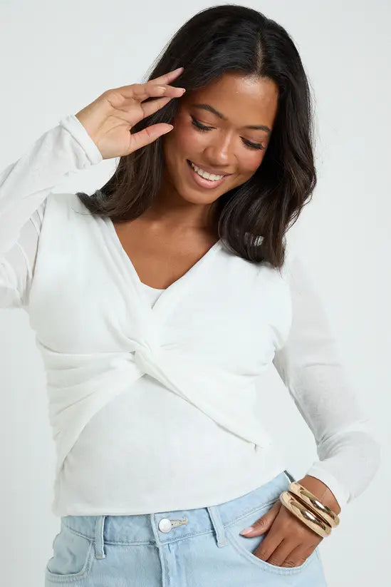 boohoo Sheer Textured Twist Front Long Sleeve Top