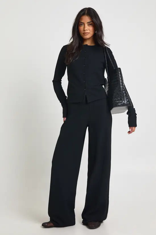 boohoo Tall Rib Button Through Long Sleeve Top and Wide Leg Trouser Co-ord
