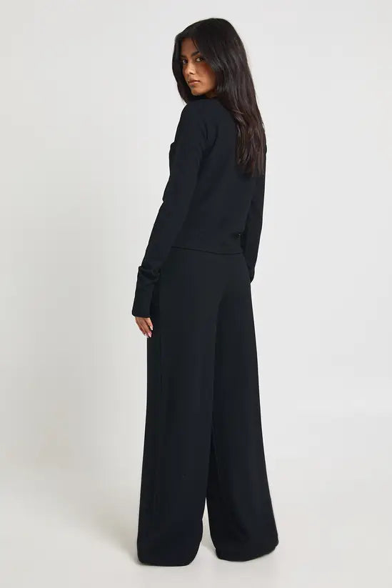boohoo Tall Rib Button Through Long Sleeve Top and Wide Leg Trouser Co-ord