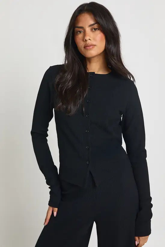 boohoo Tall Rib Button Through Long Sleeve Top and Wide Leg Trouser Co-ord