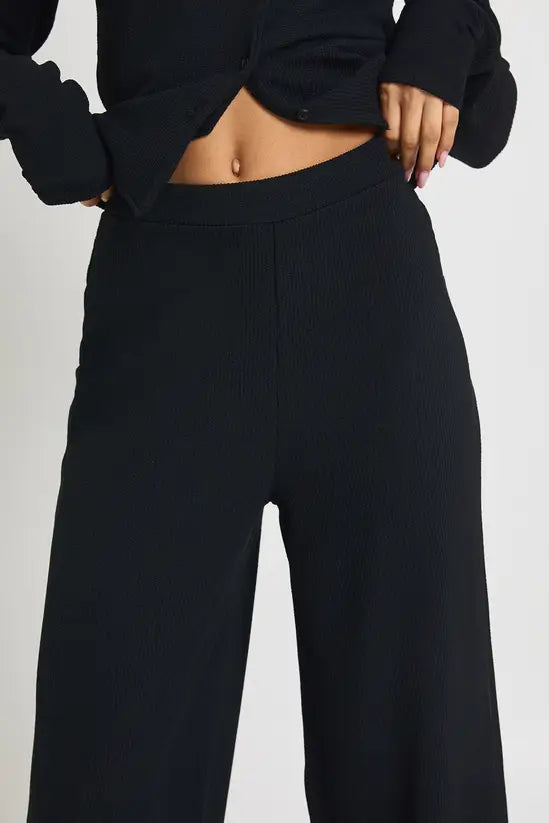 boohoo Tall Rib Button Through Long Sleeve Top and Wide Leg Trouser Co-ord
