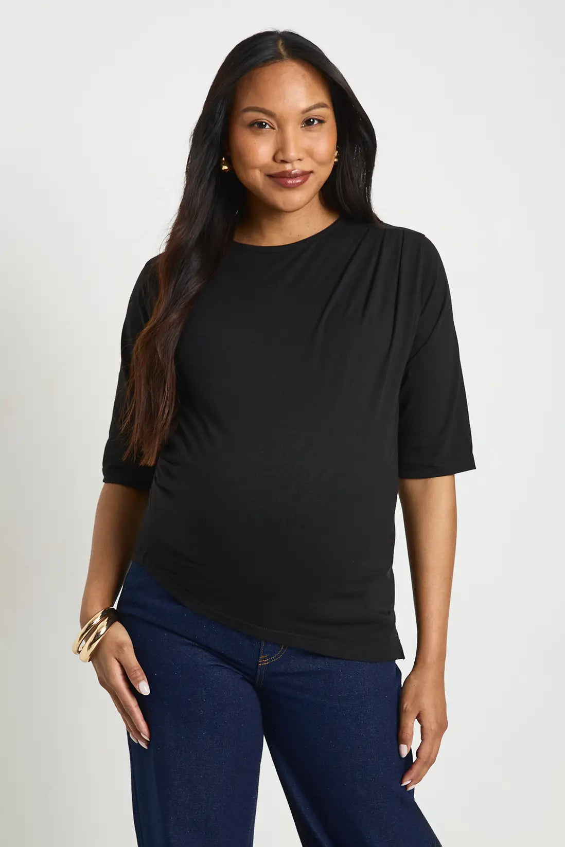 boohoo Maternity Asymmetric Hem Cinched Waist 3/4 Sleeve T-shirt
