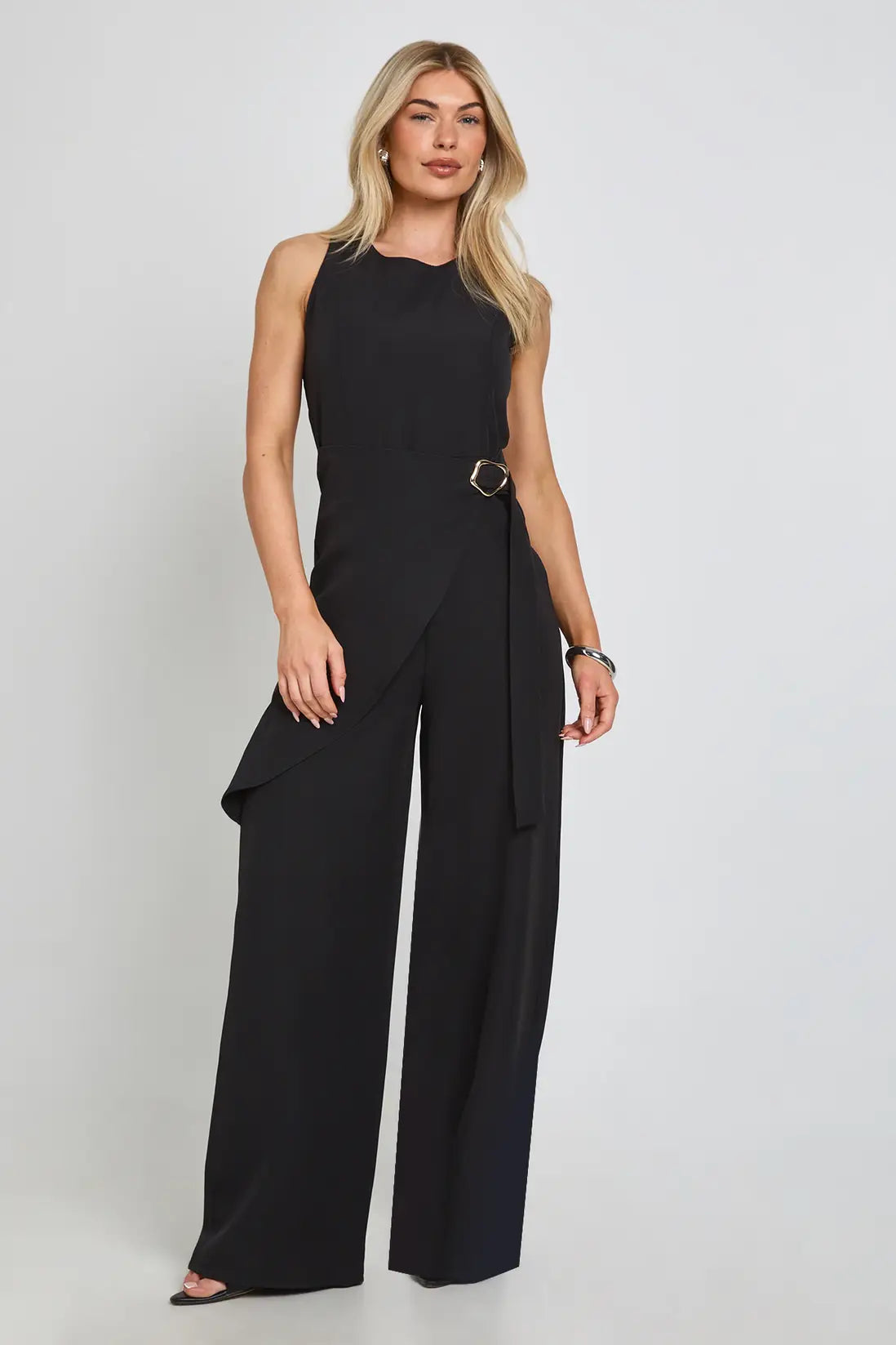 boohoo Wrap Waist Gold Trim Wide Leg Jumpsuit