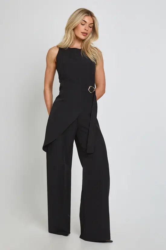 boohoo Wrap Waist Gold Trim Wide Leg Jumpsuit