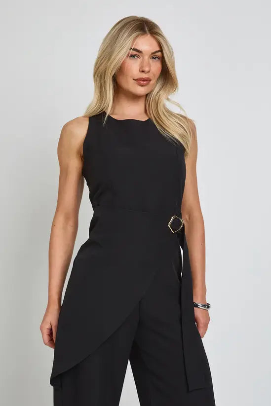 boohoo Wrap Waist Gold Trim Wide Leg Jumpsuit