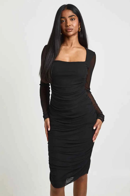 boohoo Square Neck Ruched Mesh Midi Bodycon Dress