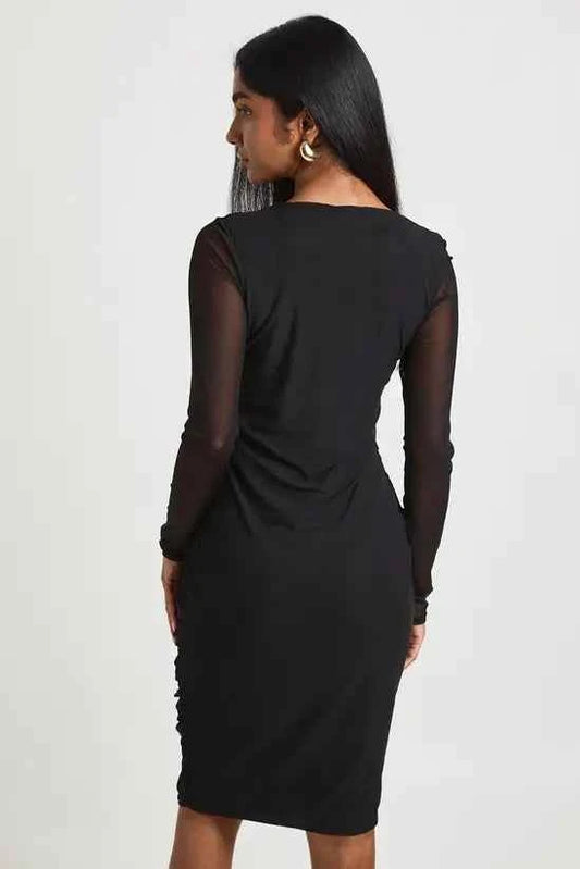 boohoo Square Neck Ruched Mesh Midi Bodycon Dress