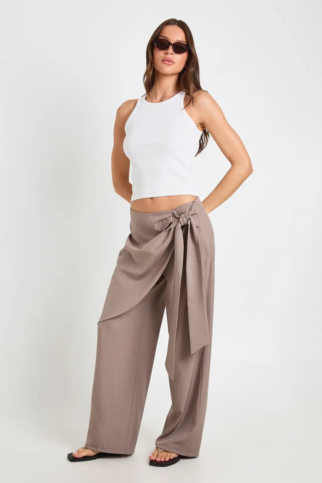 boohoo Marl Overlay Tie Wide Leg Tailored Trousers