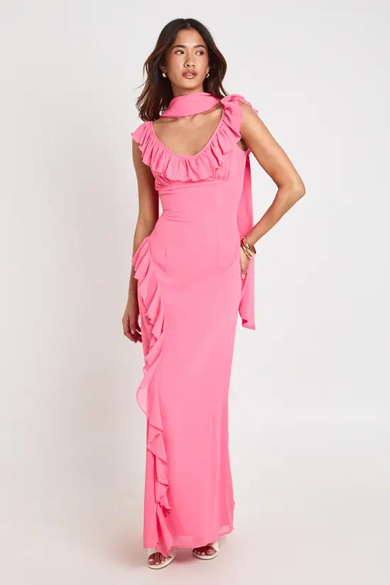 boohoo Ruffle Detail Maxi Dress With Scarf