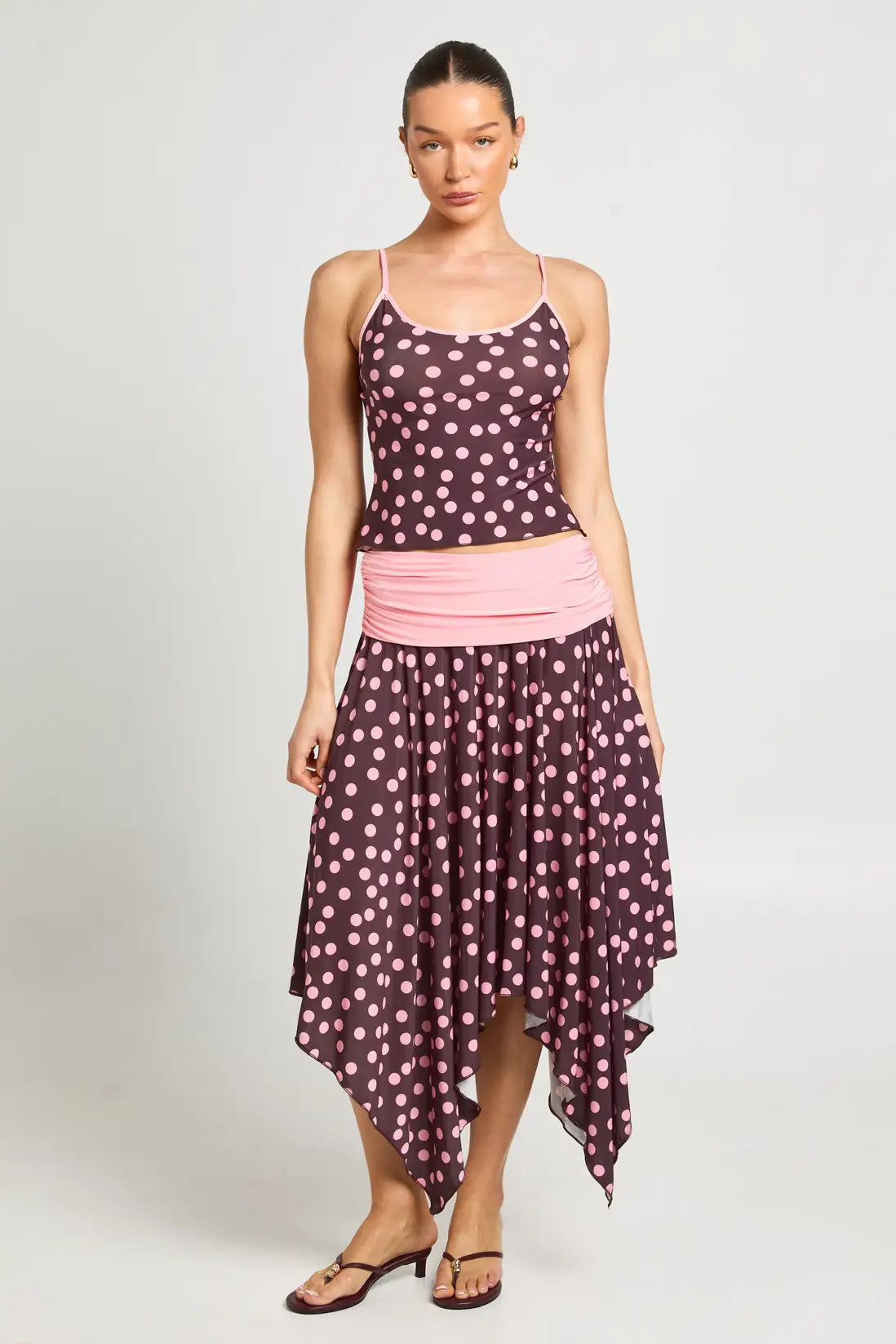 boohoo Polka Dot Contrast Fold Over Waistband Midi Skirt