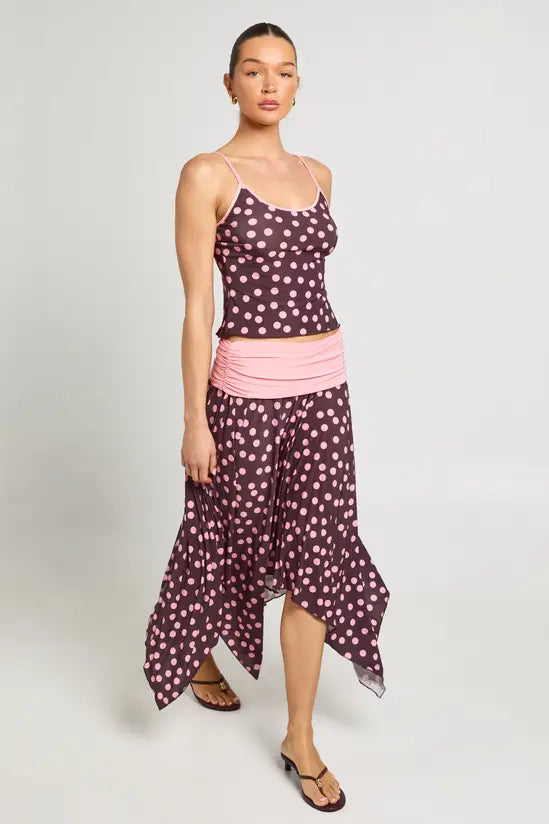 boohoo Polka Dot Contrast Fold Over Waistband Midi Skirt