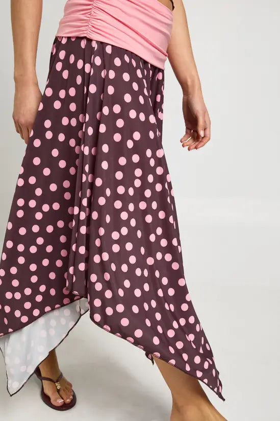 boohoo Polka Dot Contrast Fold Over Waistband Midi Skirt