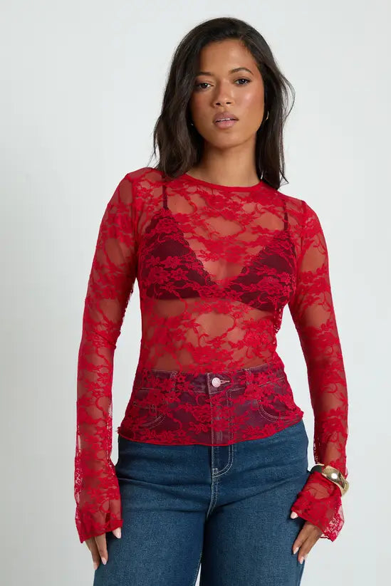boohoo Lace Boat Neck Flare Sleeve Top