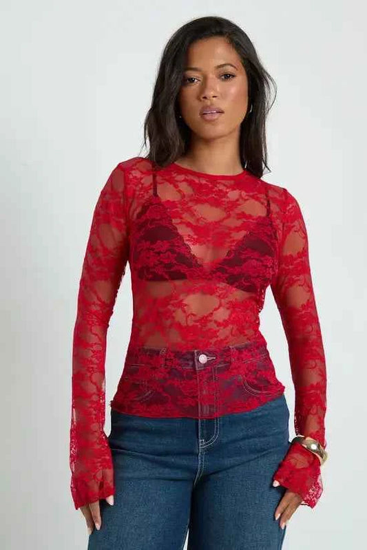 boohoo Lace Boat Neck Flare Sleeve Top