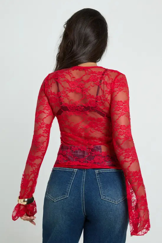 boohoo Lace Boat Neck Flare Sleeve Top