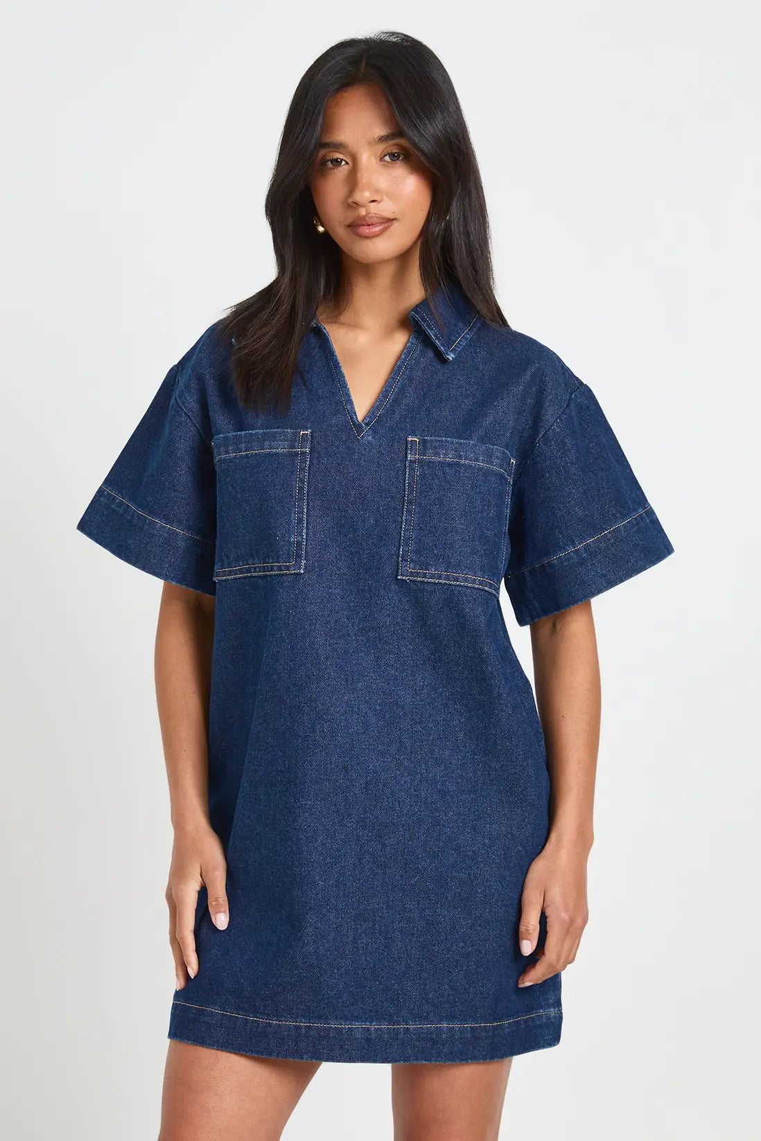 boohoo Petite Boxy Short Sleeve Denim Dress