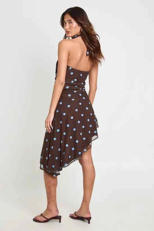 boohoo Polka Dot Printed Mesh Halterneck Cinced Waist Asym Hem Dress