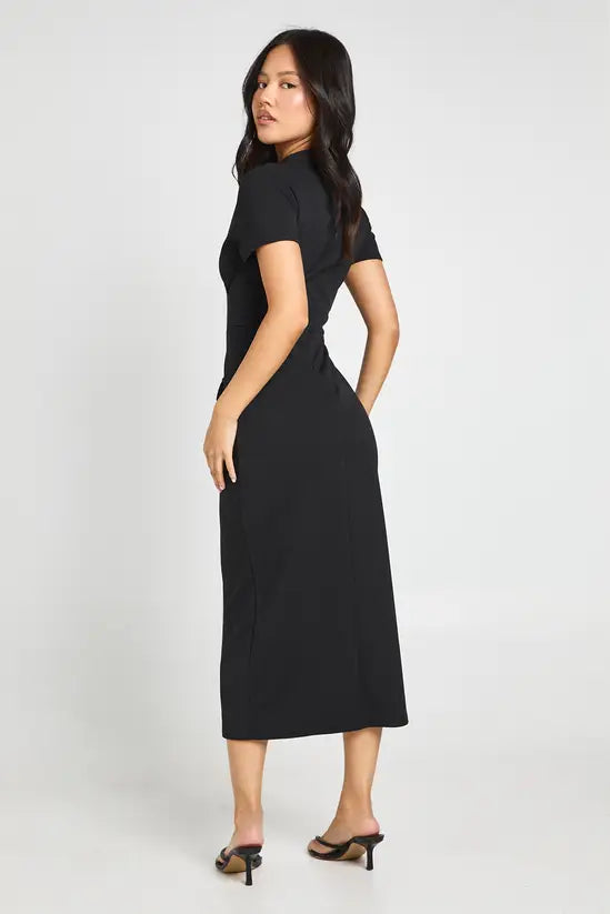 boohoo Petite Crepe High Neck Pocket Detail Midi Dress