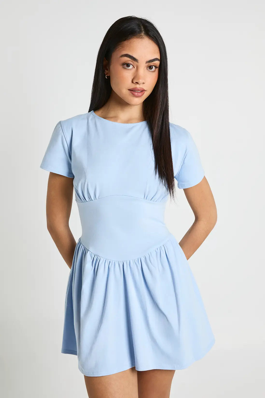 boohoo Cotton Cinched Waist Cap Sleeve Skater Dress