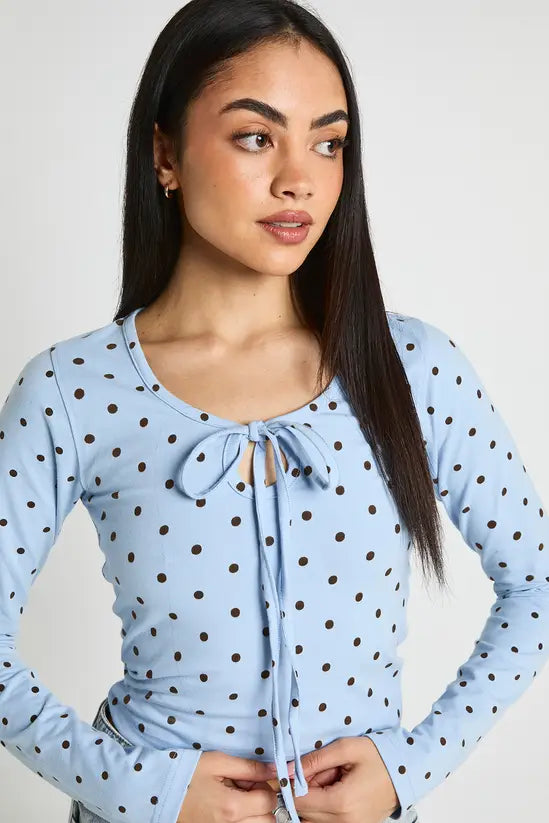 boohoo Polka Dot Tie Scoop Neck Long Sleeve Top