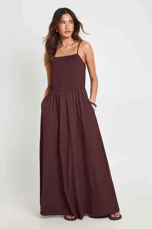 boohoo Textured Square Neck Shirred Bodice Maxi Dress
