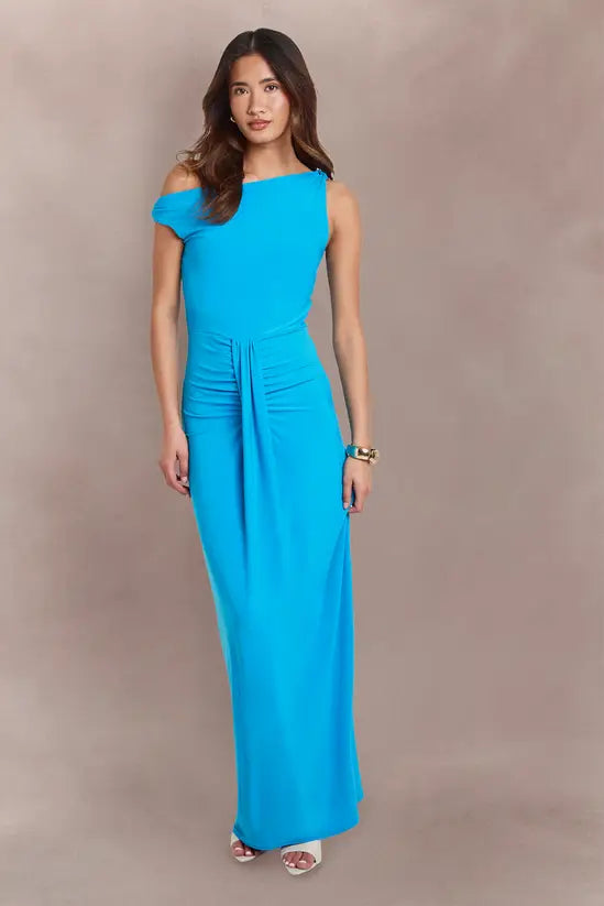 boohoo Double Layer Asym Neck Slinky Drape Front Maxi Dress