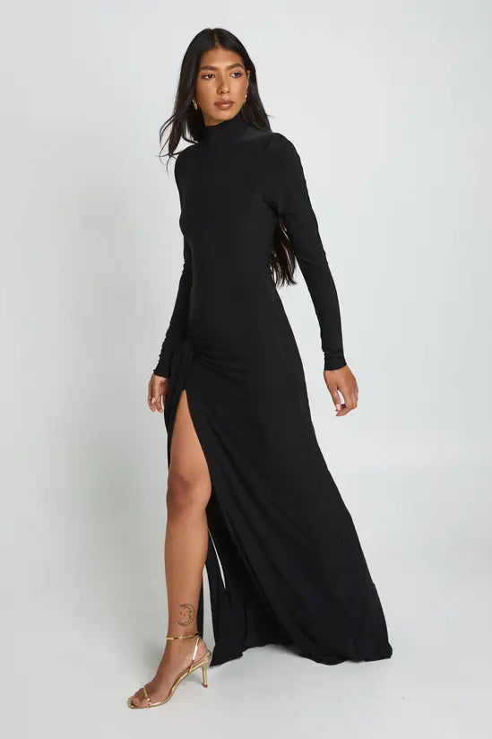 boohoo Tall Knot Detail Long Sleeve Thigh Split Maxi Dress