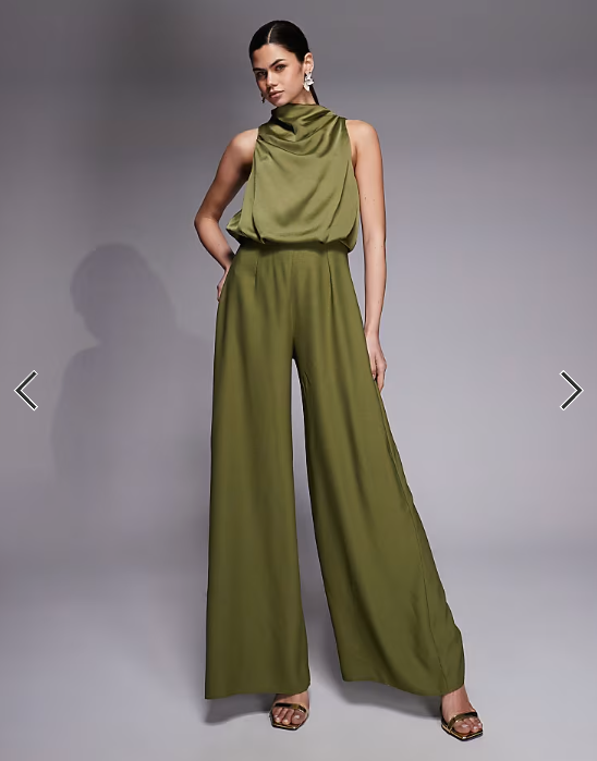ASOS DESIGN cowl neck jumpsuit with satin bodice in olive green