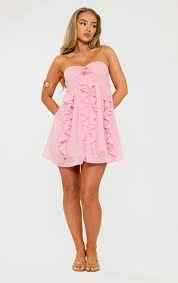 Ego - Bandeau Draped Frill Front Pearl Trim Mini Dress In Pink
