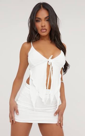 Ego - Scoop Neck Tie Front Frill Detail Top In Cream