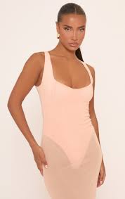 Scoop Neck Bodysuit Insert Maxi Dress In Nude Mesh
