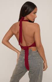 Ego - Sleeveless High Plunge Neck Drape Front Crop Top In Burgundy Slinky