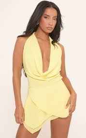 Ego - Cowl Halterneck Frill Detail Mini Dress In Yellow