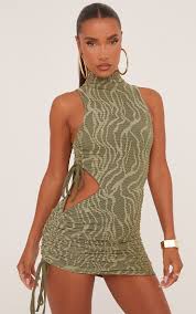 Ego - High Neck Cut Out Side Mini Bodycon Dress In Olive Green Zebra Print Texture
