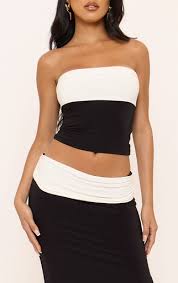 Bandeau Contrast Foldover Crop Top and Skirt In Black